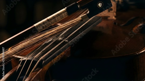 Close-up of a wooden violin fingerboard with bow strings and rosin dust