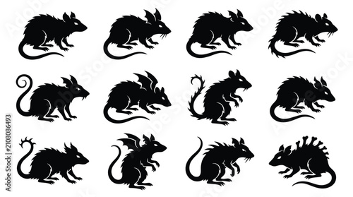 Bild auf Leinwand Set of black silhouettes of rats, mice, and fantasy rodents