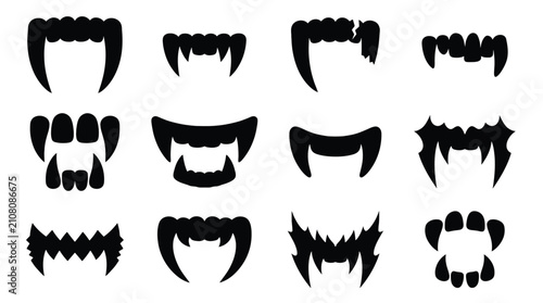 Fotografie Set of vampire teeth silhouettes, monster fangs and scary mouth shapes for hallo