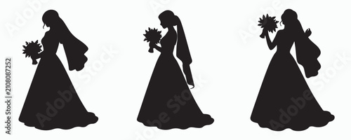Bild auf Leinwand Set of elegant black silhouette brides in classic wedding dresses, each holding a floral bouquet in graceful poses