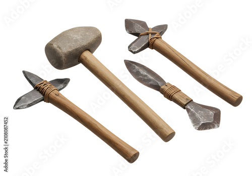 Ancient stone and metal tools on wooden handles isolated white background isolated on white background