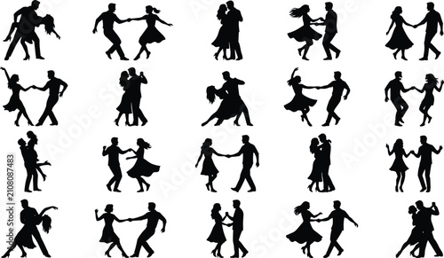 Black silhouettes of romantic couples dancing various styles in vector collection isolated on white background