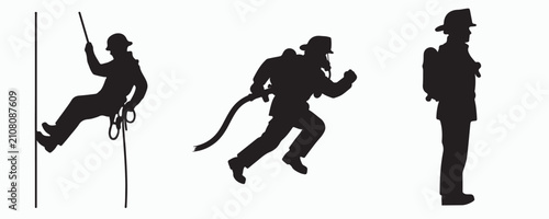 Fotografía Set of black silhouette graphics featuring a firefighter descending on rope, a sprinting big cat, and a firefighter standing in full protective equipment