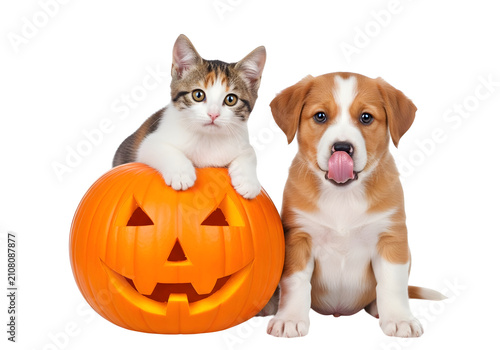 Cute kitten and puppy with Halloween pumpkin isolated on white background