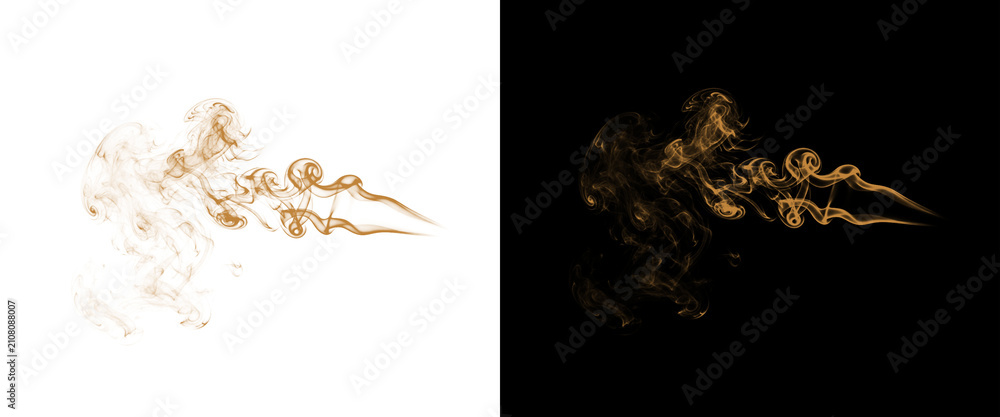 Obraz premium Golden smoke swirls on black and white backgrounds, ethereal amber vapor trails, luxury gold steam effect for creative design overlays