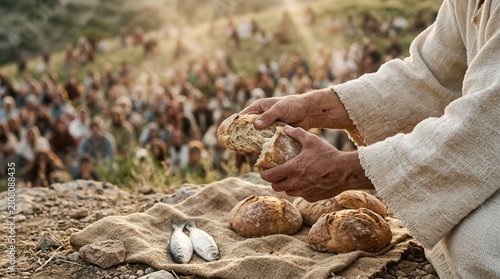 Hands of Jesus Christ breaking bread with loaves and fish. Biblical history and miracle concept.