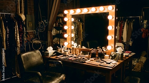 Illuminated dressing room mirror with makeup tools in a theater backstage