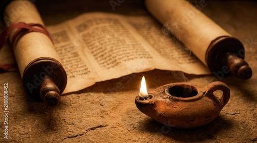 Ancient clay oil lamp burning on stone surface with open scroll of Isaiah.