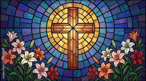 Christian cross surrounded by Easter lilies on colorful stained glass window.