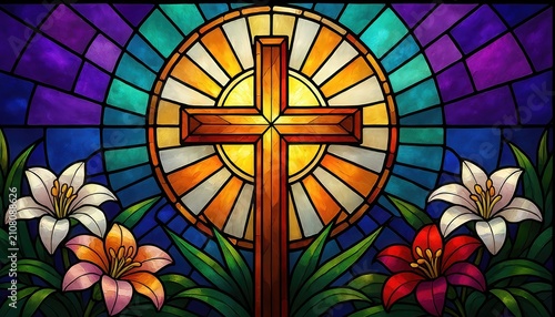 Vibrant stained glass window with central Christian cross and blooming lilies.