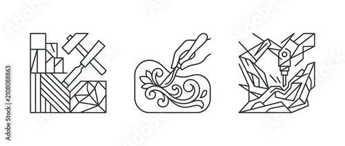 Line art icons of woodworking craft tools and raw material stacked together