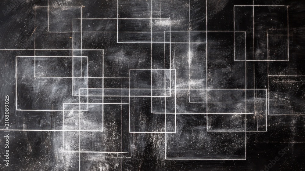 Obraz premium Geometric chalk sketch: overlapping square and rectangular shapes on a classroom blackboard