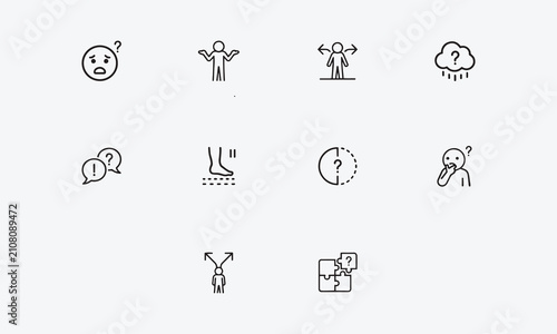  Confusion line editable icon set. Containing confused, uncertain, lost, unclear, misunderstand