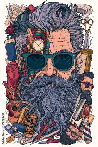 Barber shop collage featuring a bearded hipster portrait combined with grooming tools and salon elements in a colorful cartoon style composition.