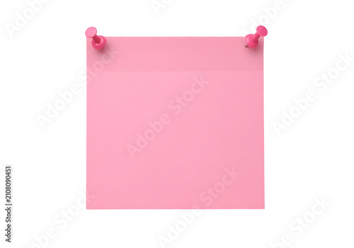 Pink sticky note attached with colorful pins isolated on white background