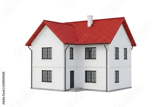 Modern white two-story house with red roof isolated on white background