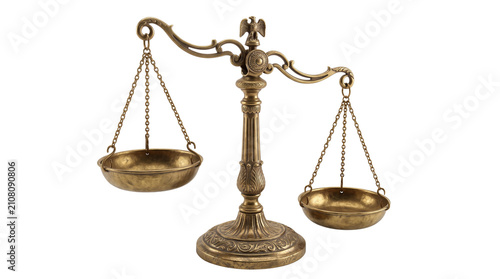 Bild auf Leinwand Ornate Antique Brass Scales of Justice Unbalanced Isolated on Black Background -