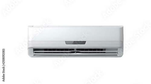 A white wall-mounted air conditioner unit with a digital display panel, isolated on a plain white background, for home climate control
