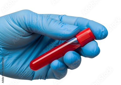 Gloved hand holding blood sample tube isolated on white background