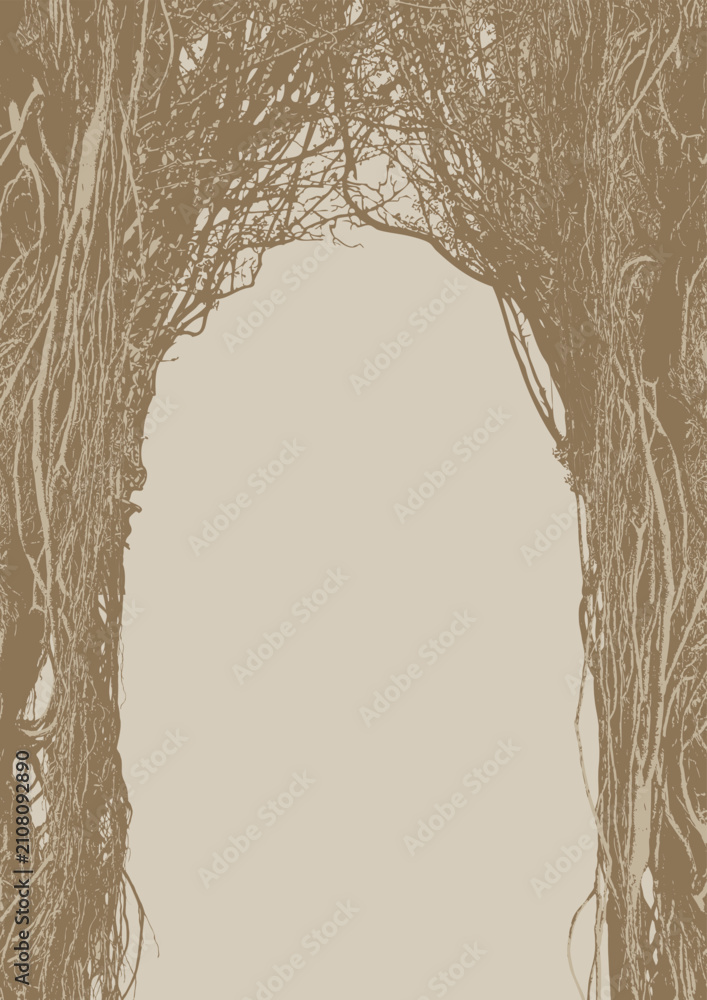 Obraz premium Vector frame A4 with a realistic tree, banyan, or ficus with roots and branches in a gothic or grunge style. Space for inscription. Magical, fairytale, and mystical. Halloween party poster.