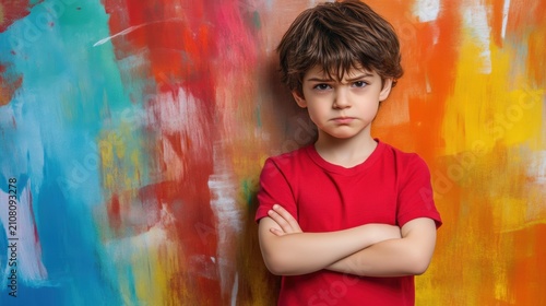 Angry young boy with crossed arms and scowl against a multicolor painted wall for behavior articles, classroom signage, parenting guidance, emotional education and editorial storytelling imagery