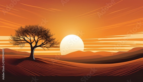Solitary Tree Sunset Dry Landscape
