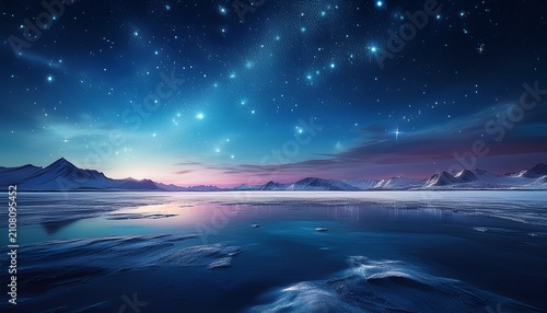 Vast Frozen Lake Under Starry Night Sky With Distant Lights