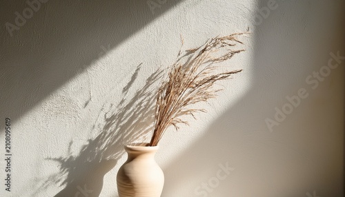 Minimalist Still Life Dried Botanical Stalk Against Textured White Wall With Sunlight And Shadows