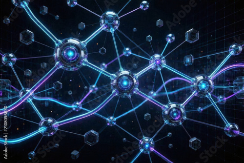 Abstract futuristic background with glowing cyan and purple network connections and molecules