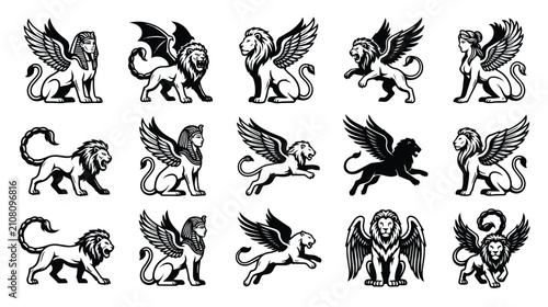Bild auf Leinwand Mythological winged lion vector set, 15 ancient griffin and manticore icons, bla