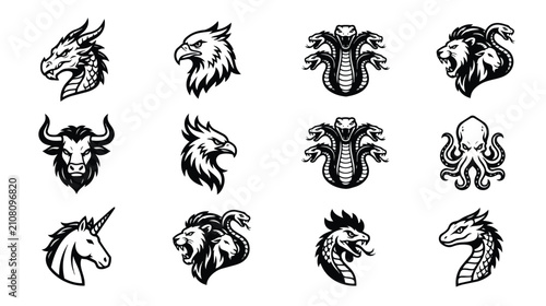 Photos Mythical creature mascot logos, 12 fantasy animal vector icons, black and white