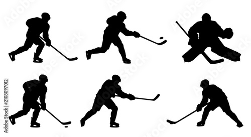 Photography Ice Hockey Player Silhouettes, Action Poses Vector Set: Goalie, Skater, Puck Han