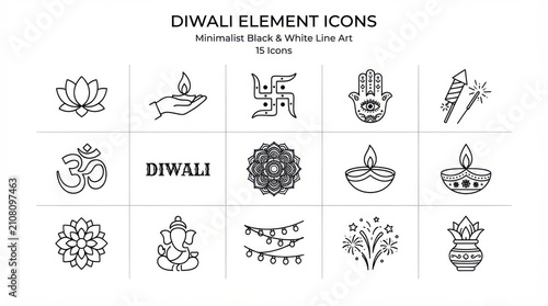 Diwali festival icon set. Minimalist line art symbols for Indian holiday celebration.