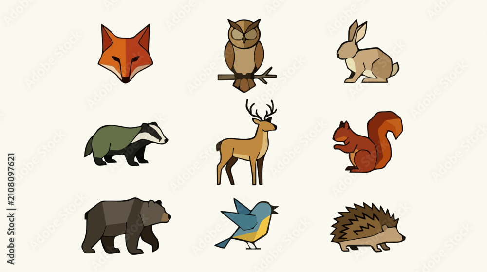Obraz premium Geometric Woodland Creature Vector Icon Set with Fox, Owl, Rabbit, Badger, Deer, Squirrel, Bear, Bird, and Hedgehog on a Light Background