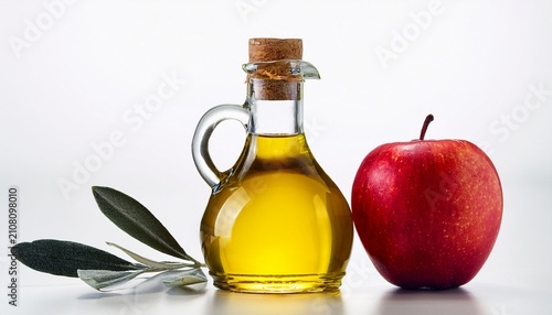 Fresh Olive Oil Bottle Next To Red Apple On White Background