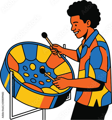 Obraz na plátne Happy man playing steel pan drum with mallets in a colorful tropical style illus