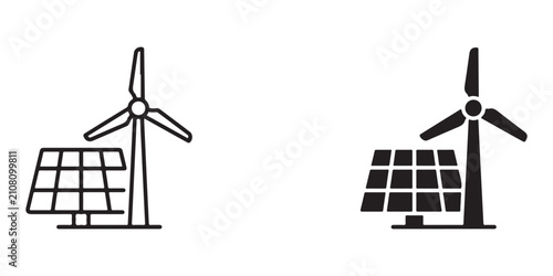renewable energy icons featuring wind turbines and solar panels in contrasting line art styles