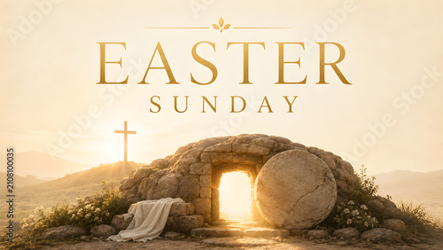 Easter sunday religious holiday graphic with an open empty tomb and cross
