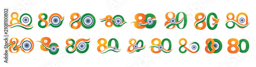 Creative collection of 80th Independence Day typography logo designs featuring tricolor number 80 concepts, Ashoka Chakra, patriotic ribbons, and modern anniversary branding elements for print, web, s