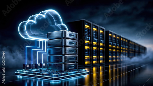 Neon cloud connected to stacked servers and data center rack, futuristic enterprise cloud computing scene with dramatic lighting and reflective