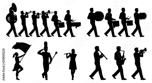 Marching Band Silhouettes: Musicians, Drum Majors, Flag Bearer, Brass, Woodwind Instruments, Vector Set for Performance and Celebration Graphics