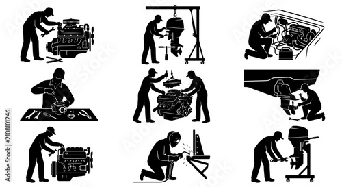 Automotive and Marine Engine Repair Icons, Mechanic Workshop Silhouettes, Industrial Service Vector Set