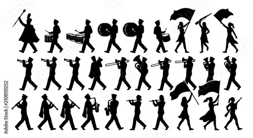 Marching Band Silhouettes: Musicians, Drum Majors, Flag Bearers, Brass, Woodwinds, Percussion, Performance, Parade, Ensemble, Uniforms, Vector Set