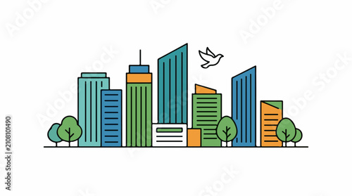 Stylized cityscape with trees and a soaring bird