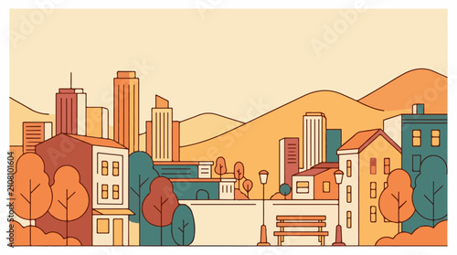 Stylized cityscape with buildings trees hills and park bench
