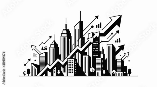 Stylized city skyline with rising arrows and growth charts