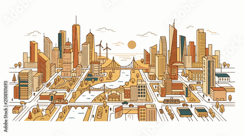Stylized city skyline with modern buildings bridges river and sun