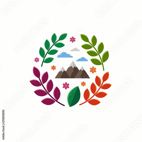 Stylized circular wreath with mountains clouds flowers and leaves
