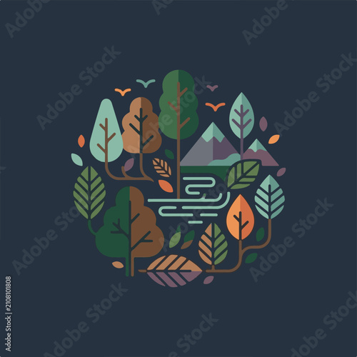 Stylized circular woodland scene with mountains and river