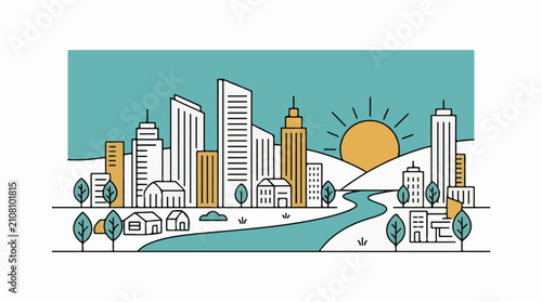 Stylized city skyline at sunrise with river and rolling hills